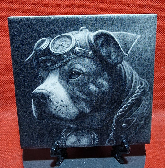 Steampunk Staffy Dog Laser engraved coaster/tile