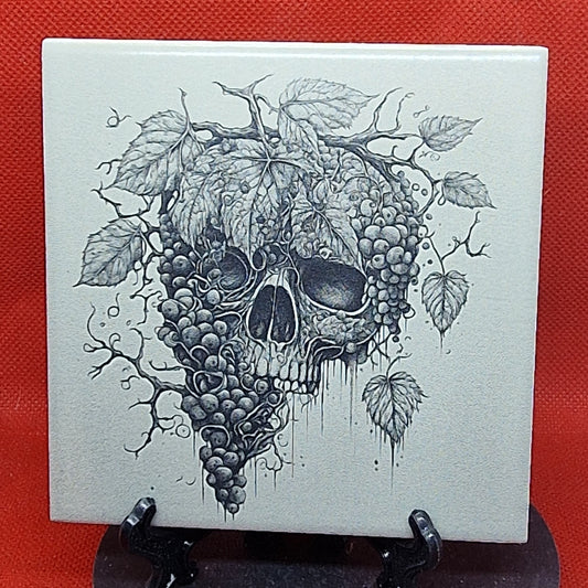 Skull in Grapes Bunch Laser engraved coaster/tile