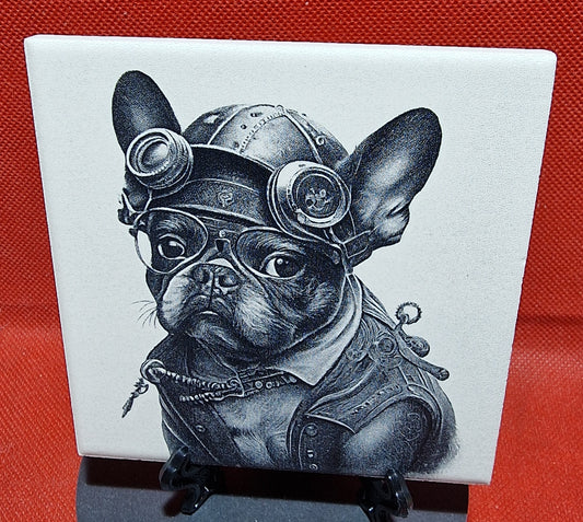 Steampunk Dog - Frenchie Laser engraved coaster/tile