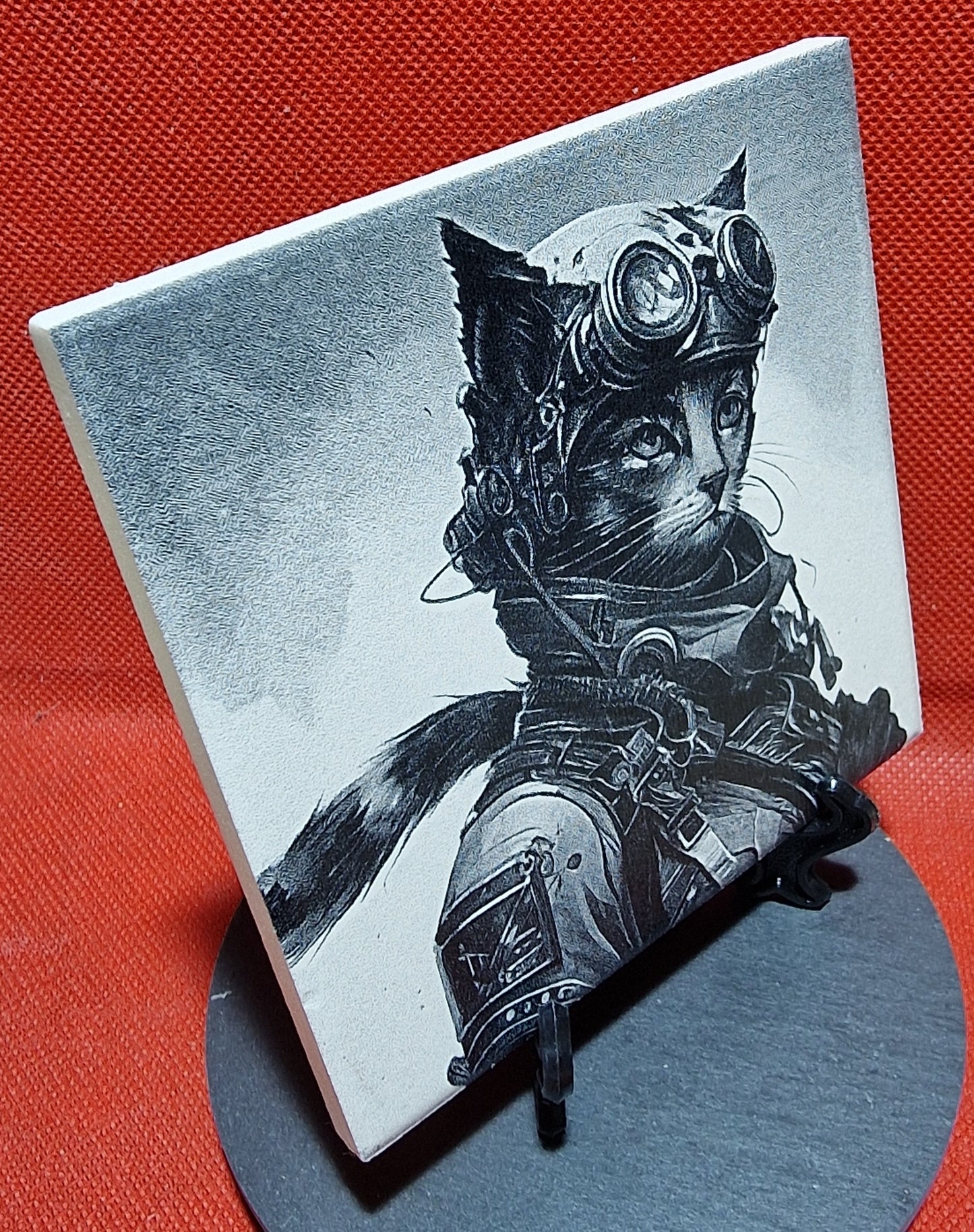 Steampunk / Fighter pilot cat Laser engraved coaster/tile