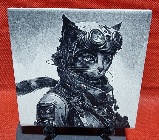 Steampunk / Fighter pilot cat Laser engraved coaster/tile