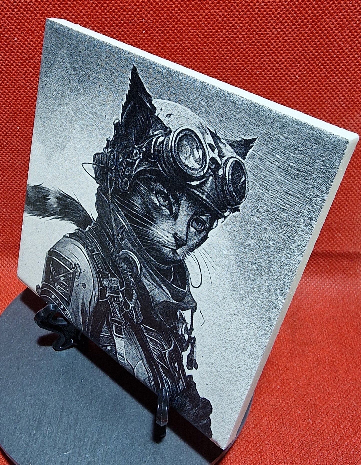 Steampunk / Fighter pilot cat Laser engraved coaster/tile