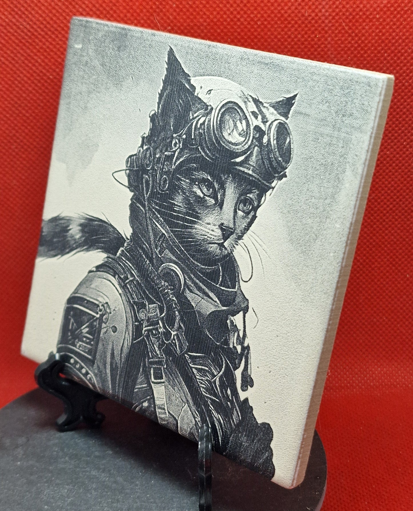 Steampunk / Fighter pilot cat Laser engraved coaster/tile