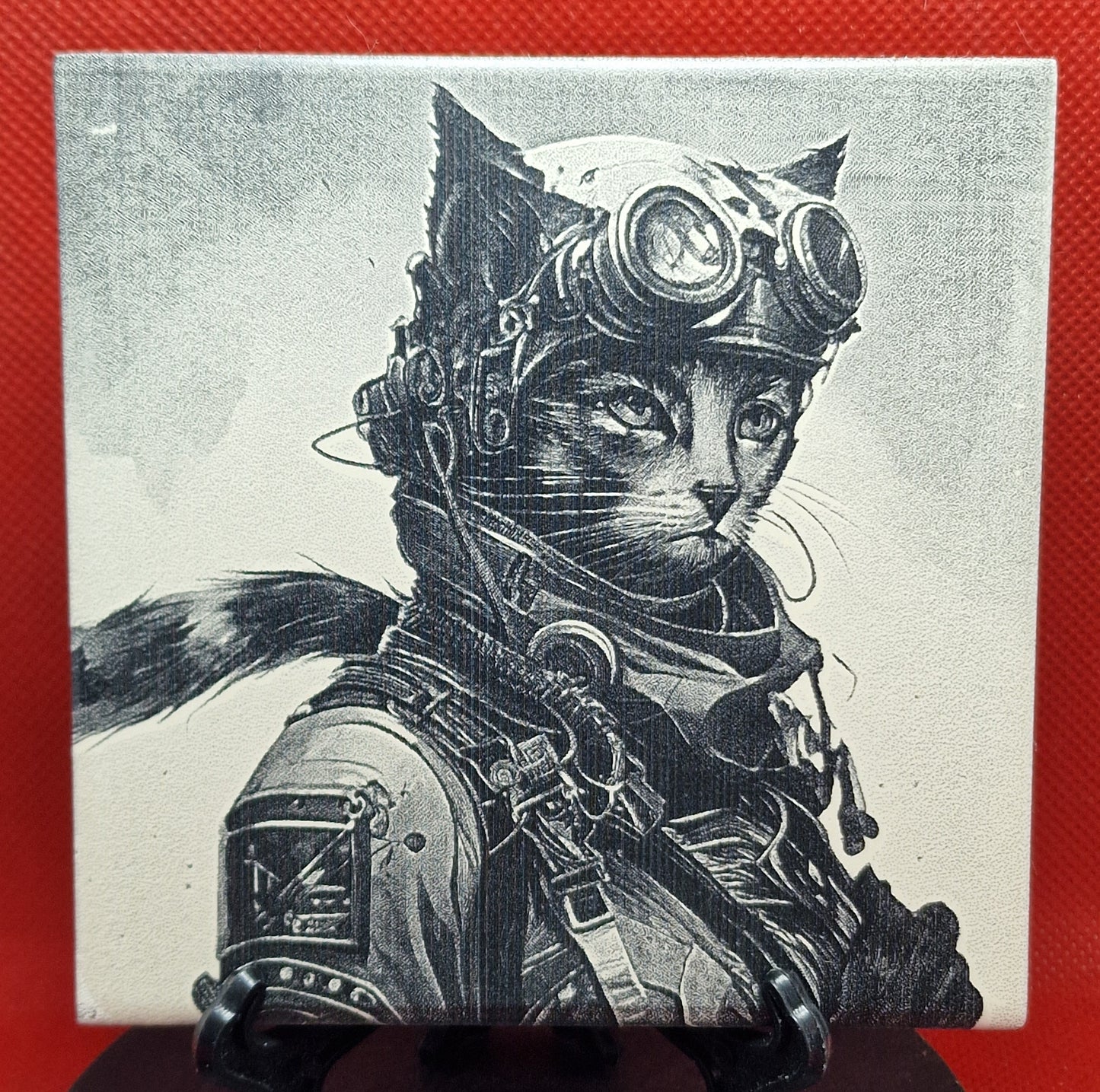 Steampunk / Fighter pilot cat Laser engraved coaster/tile