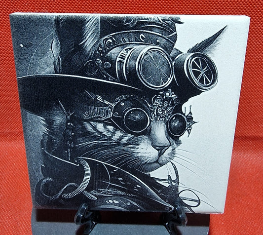 Steampunk Cat Laser engraved coaster/tile