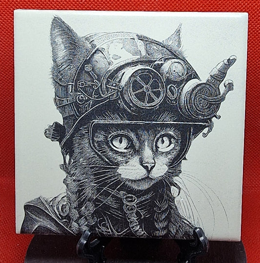 Steampunk Cat Laser engraved coaster/tile