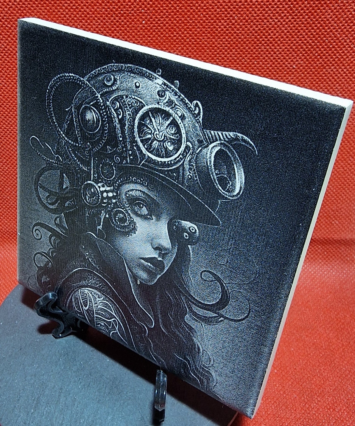 Steampunk Girl with Octopus embellished helmet Laser engraved coaster/tile