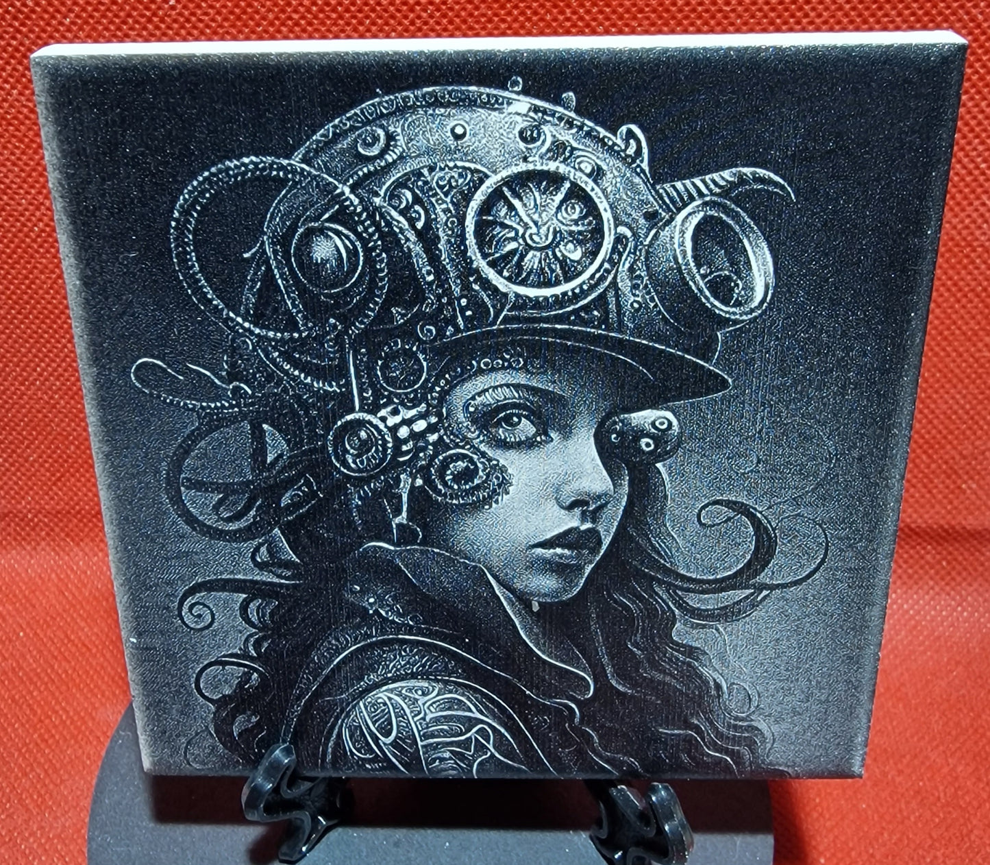 Steampunk Girl with Octopus embellished helmet Laser engraved coaster/tile