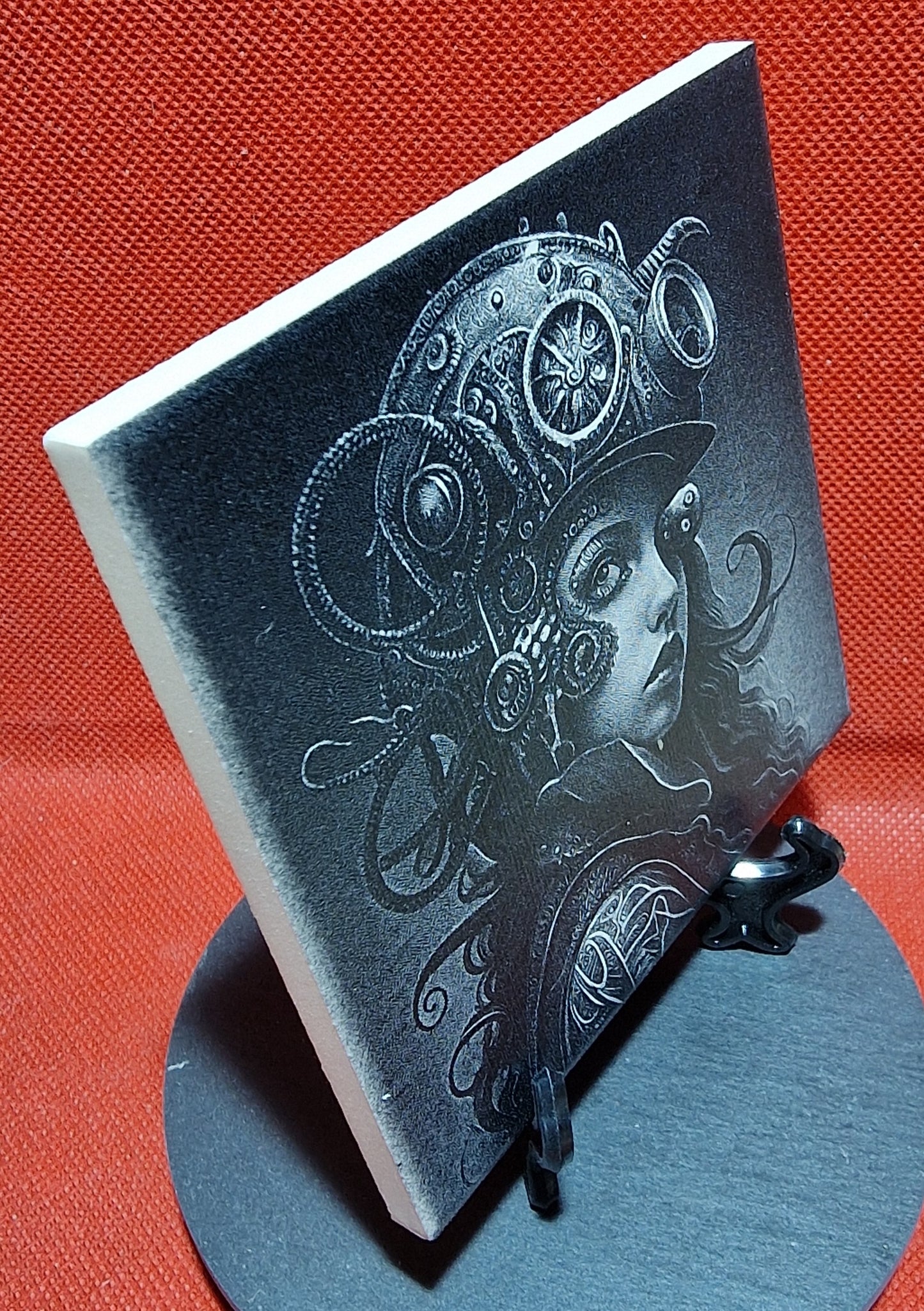 Steampunk Girl with Octopus embellished helmet Laser engraved coaster/tile