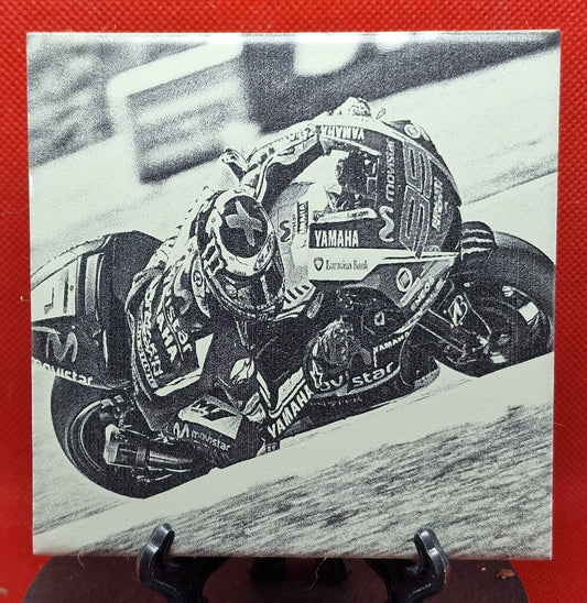 Racing Bike taking a corner Laser engraved coaster/tile