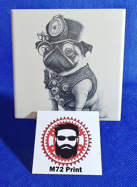 Steampunk Dog - Pug Laser engraved coaster/tile