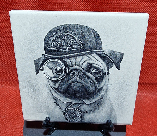 Steampunk Dog - Pug Laser engraved coaster/tile