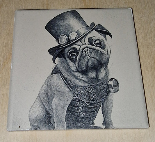 Steampunk Dog - Pug Laser engraved coaster/tile