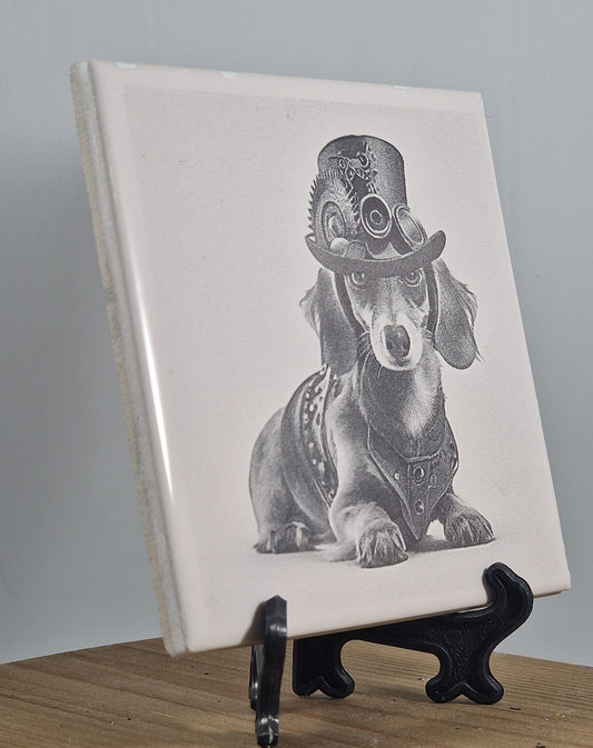 Steampunk Dog - Dachshund Laser engraved coaster/tile