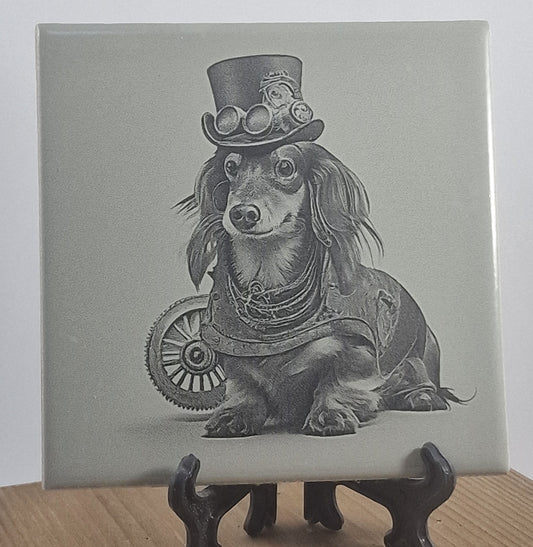 Steampunk Pet - Dachshund Laser engraved coaster/tile