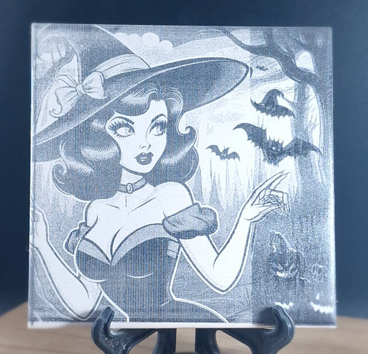 Witch in forest with bats Laser engraved coaster/tile