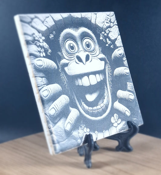 Crazy Monkey Through Hole in Wall Laser engraved coaster/tile