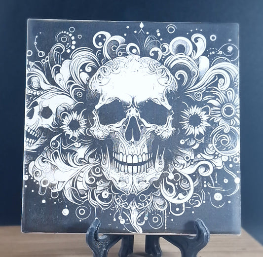 Skull With Flower Pattern Laser engraved coaster/tile