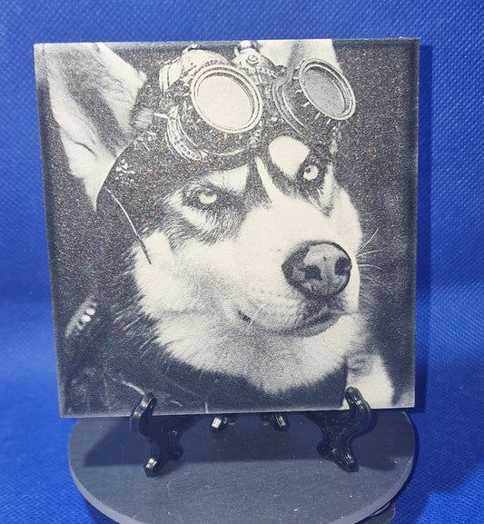 Husky in steampunk outfit Laser engraved coaster/tile v2