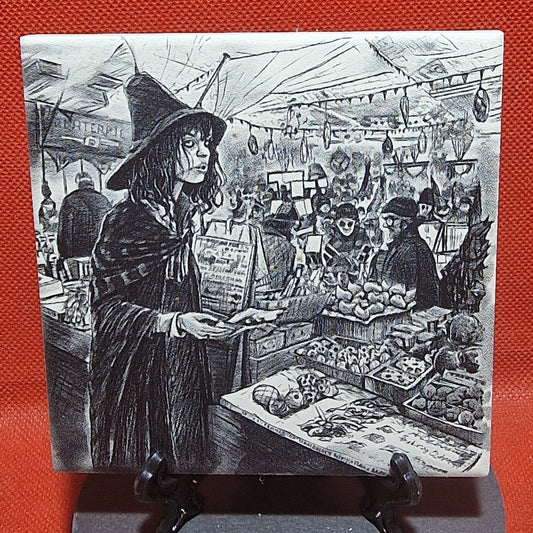 Witch shopping in market Laser engraved coaster/tile