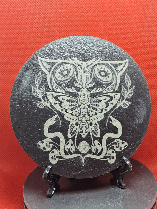 Moth / owl pattern Slate Coaster  (Round)