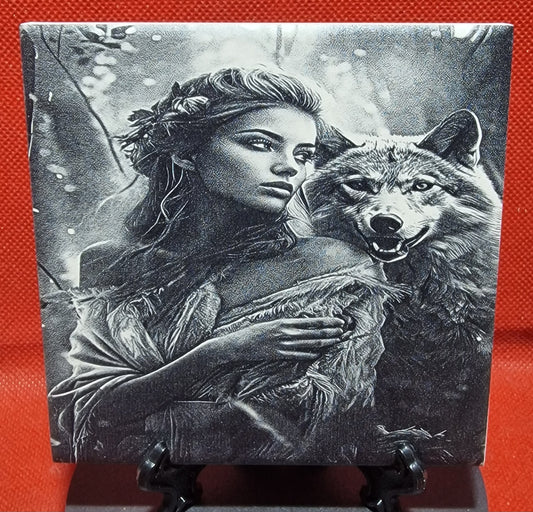 Woman & Wolf Laser engraved coaster/tile