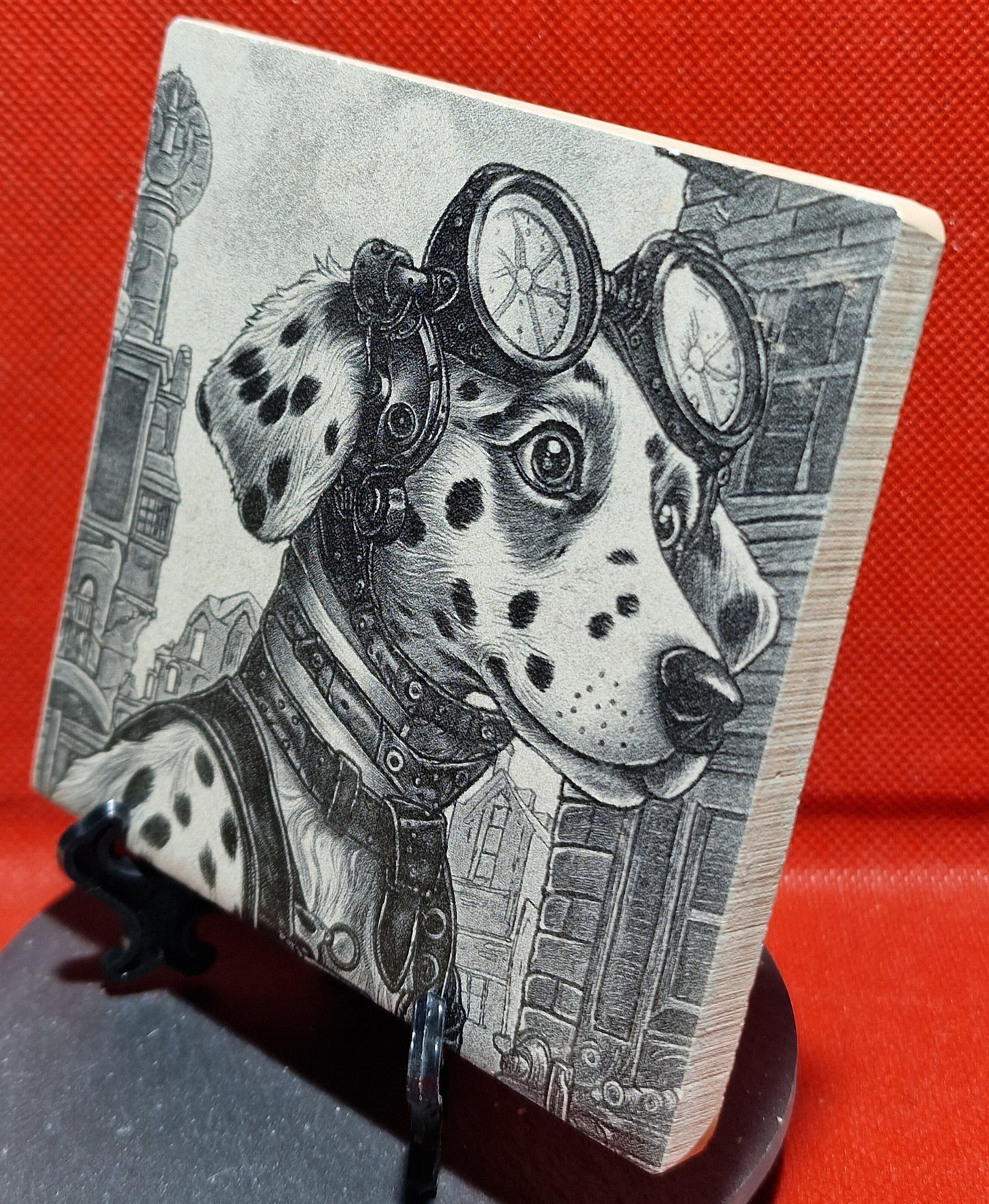 Steampunk Dalmation Laser engraved coaster/tile v1