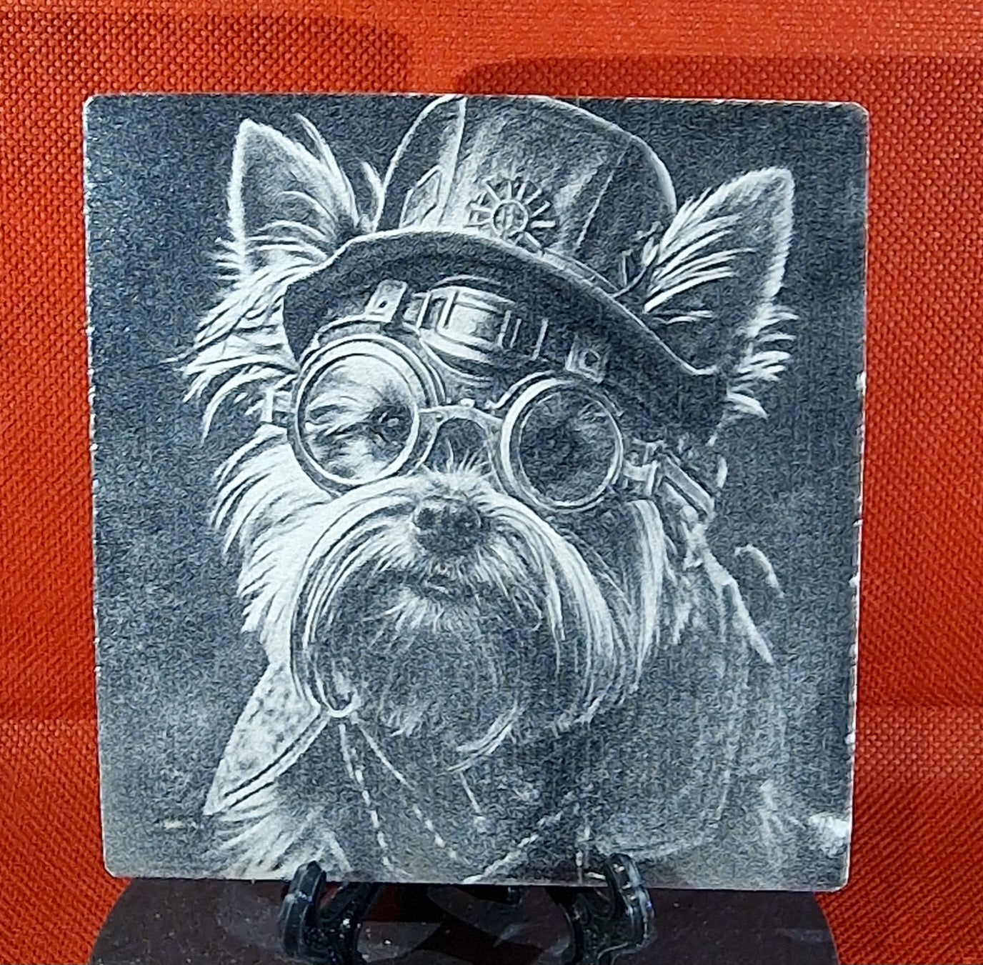 Steampunk Yorkshire Terrier Laser engraved coaster/tile v1