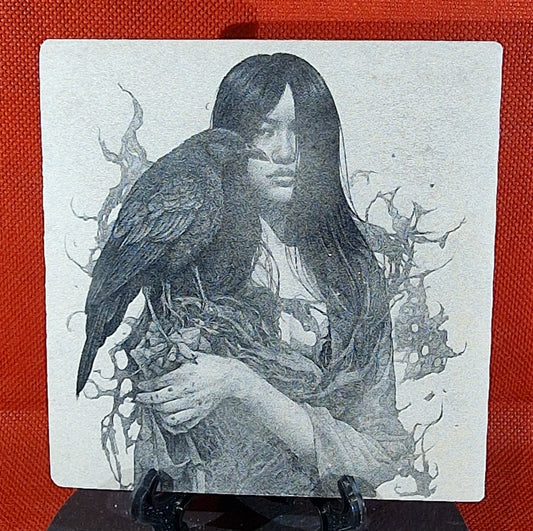 Woman with Raven Laser engraved coaster/tile