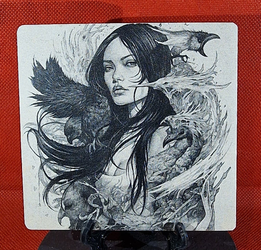 Woman with birds Laser engraved coaster/tile