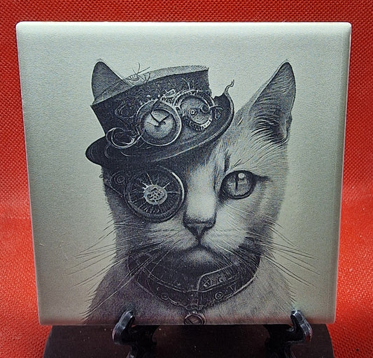 Steampunk Cat Laser engraved coaster/tile v6