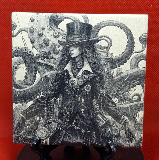 Steampunk Woman and Octopus Laser engraved coaster/tile