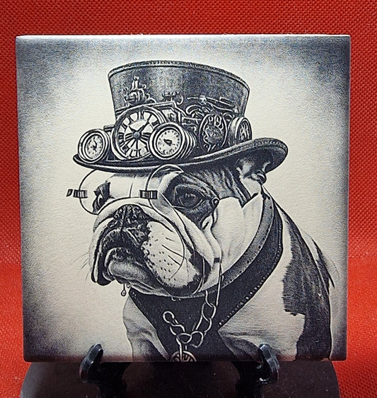 Steampunk Dog - Bull Dog Laser engraved coaster/tile