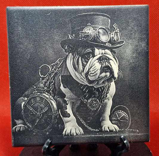 Steampunk Bulldog Laser engraved coaster/tile