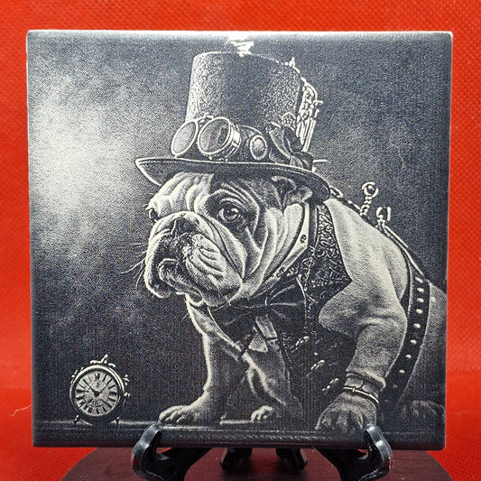 Steampunk Bulldog Laser engraved coaster/tile