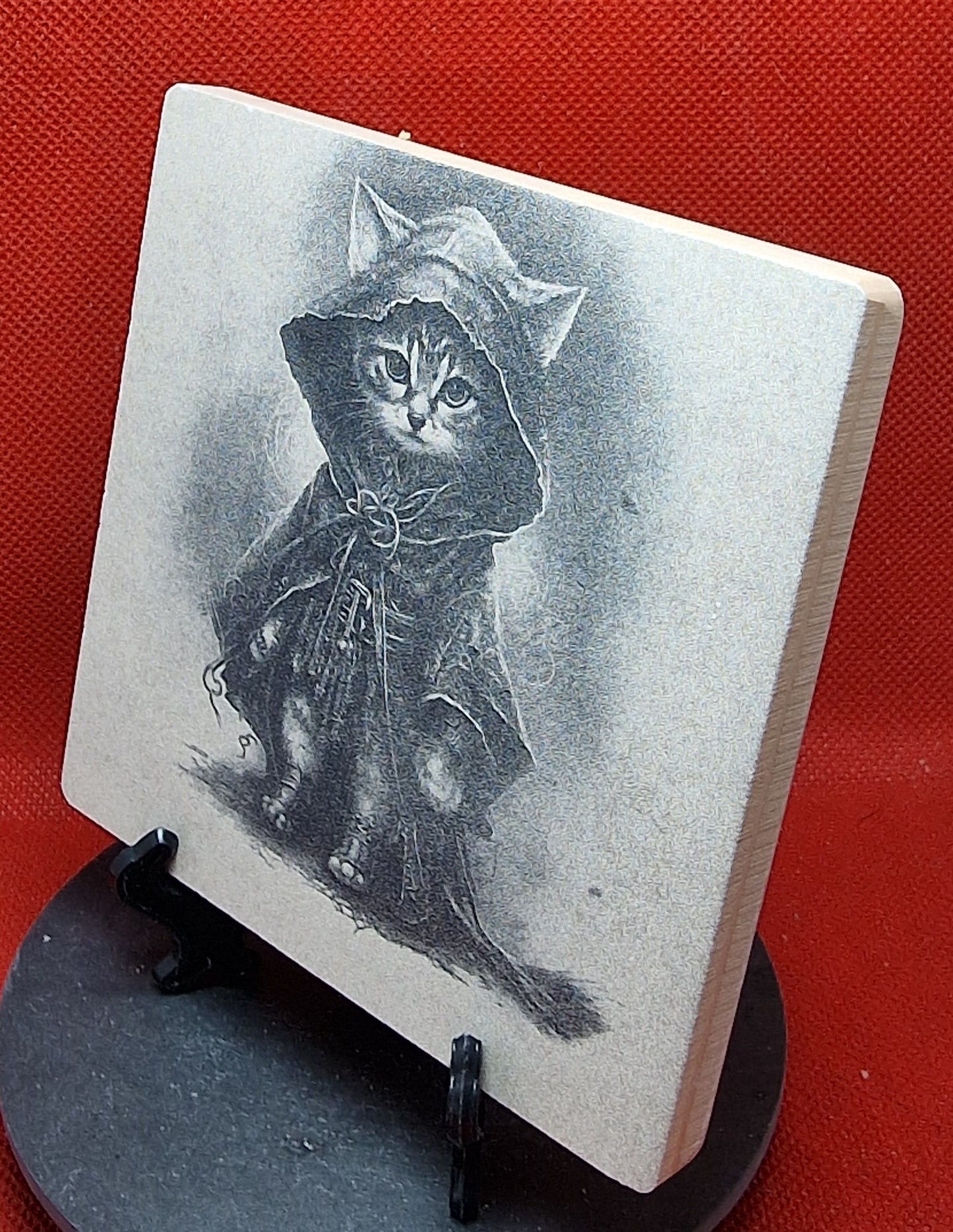 Cat in witchy outfit Laser engraved coaster/tile