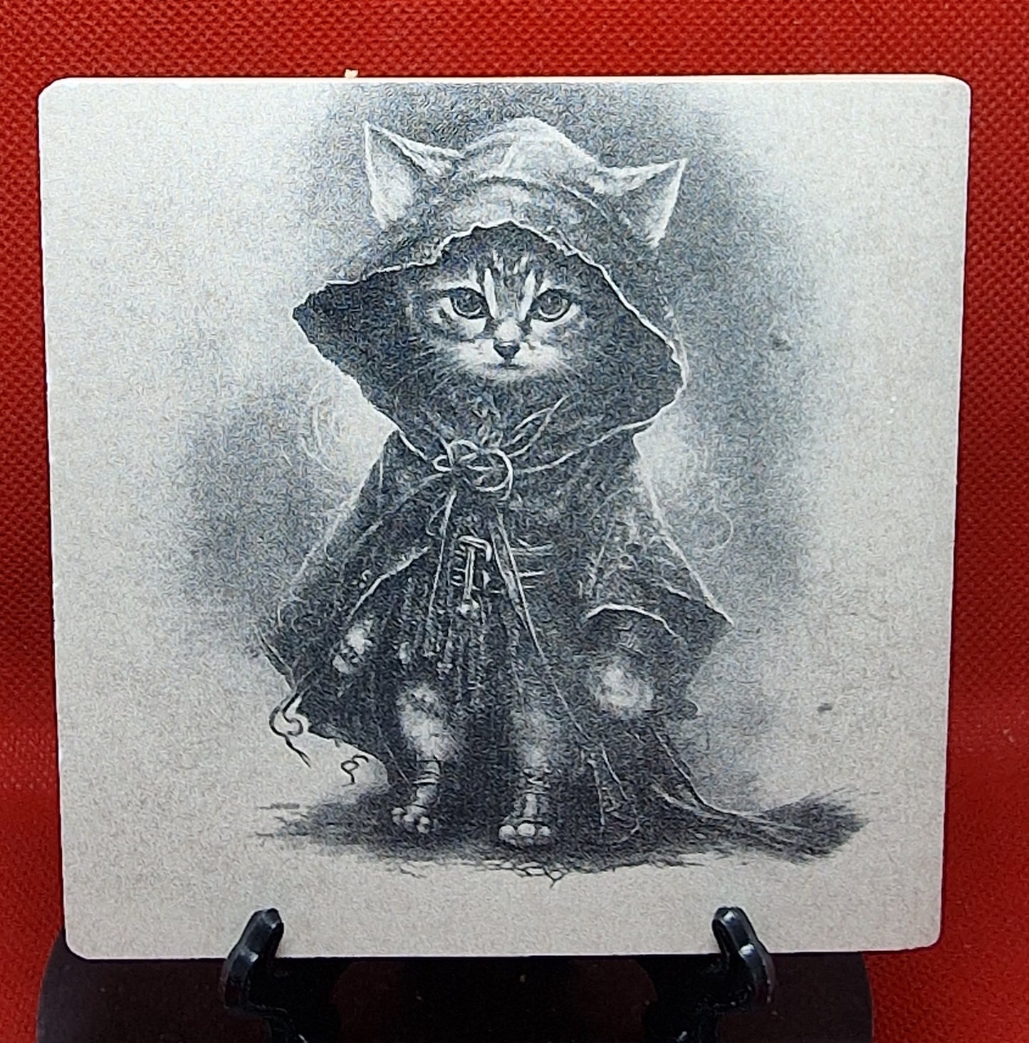 Cat in witchy outfit Laser engraved coaster/tile