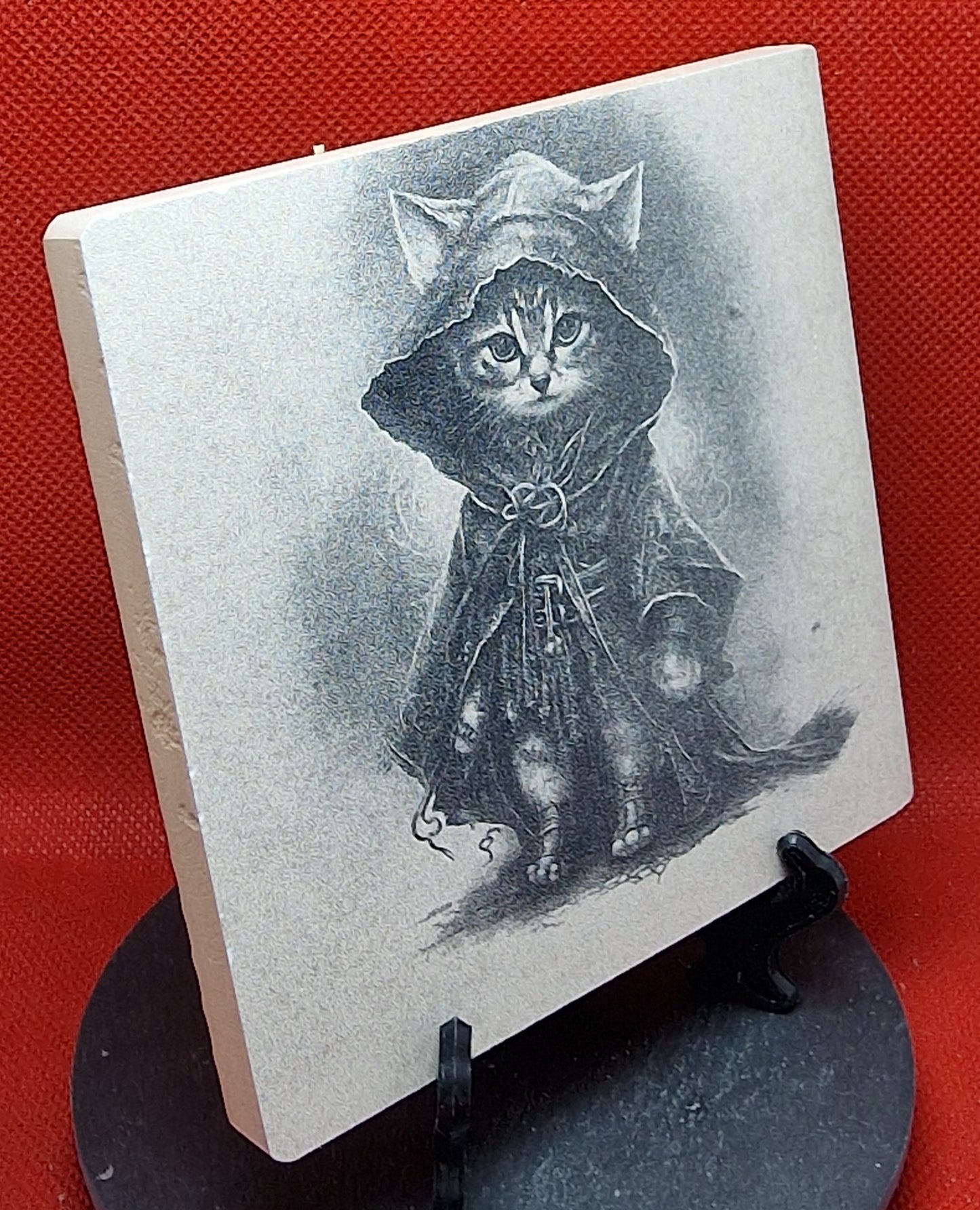 Cat in witchy outfit Laser engraved coaster/tile