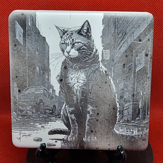 "Street" cat Laser engraved coaster/tile