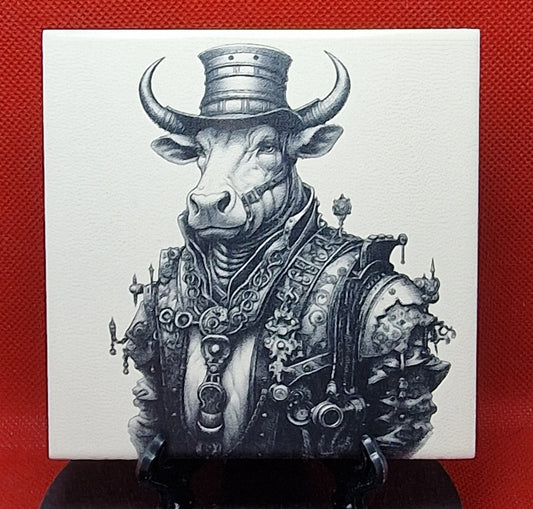 Steampunk Cow Laser engraved coaster/tile