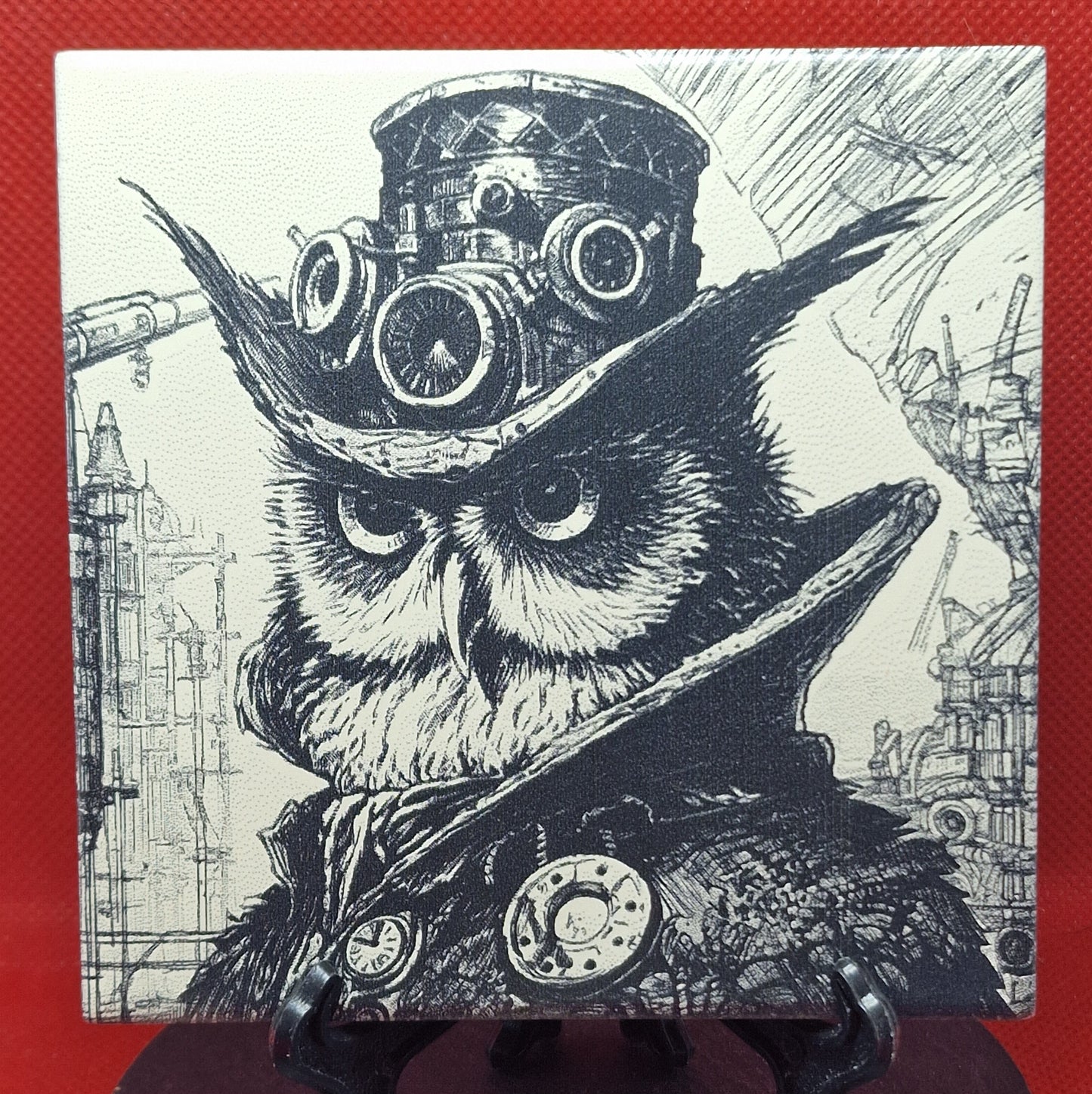 Steampunk Owl Laser engraved coaster/tile v1