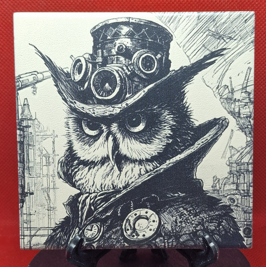 Steampunk Owl Laser engraved coaster/tile v1