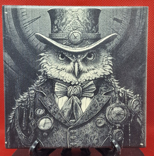 Steampunk Owl Laser engraved coaster/tile v2