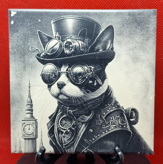 Steampunk Cat Laser engraved coaster/tile