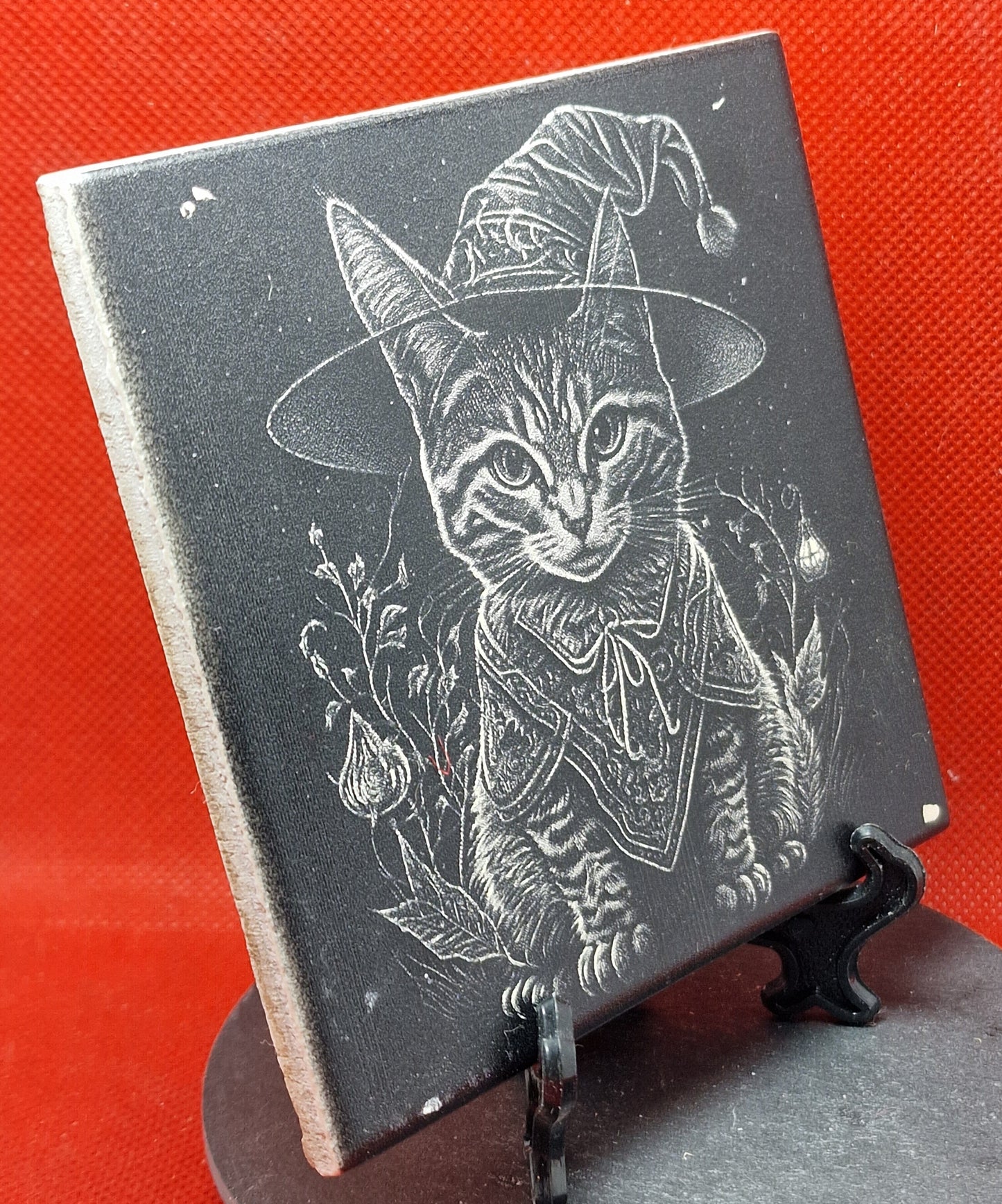 Cat in witches outfit Laser engraved coaster/tile