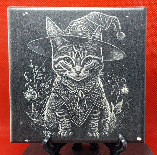 Cat in witches outfit Laser engraved coaster/tile