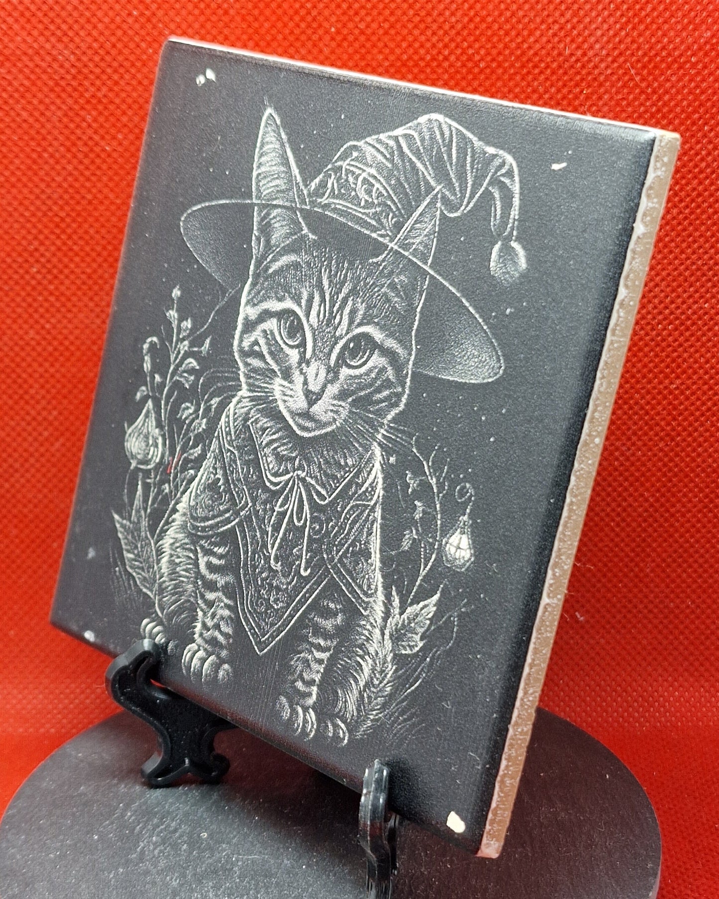 Cat in witches outfit Laser engraved coaster/tile