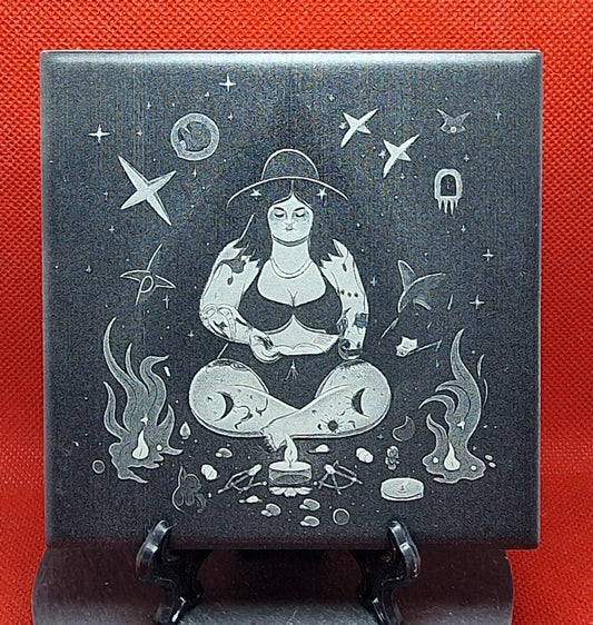 Witch doing late night spell Laser engraved coaster/tile