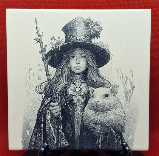 Young witch and her pet Laser engraved coaster/tile