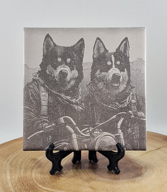 Biker Dog - American Akita Laser engraved coaster/tile